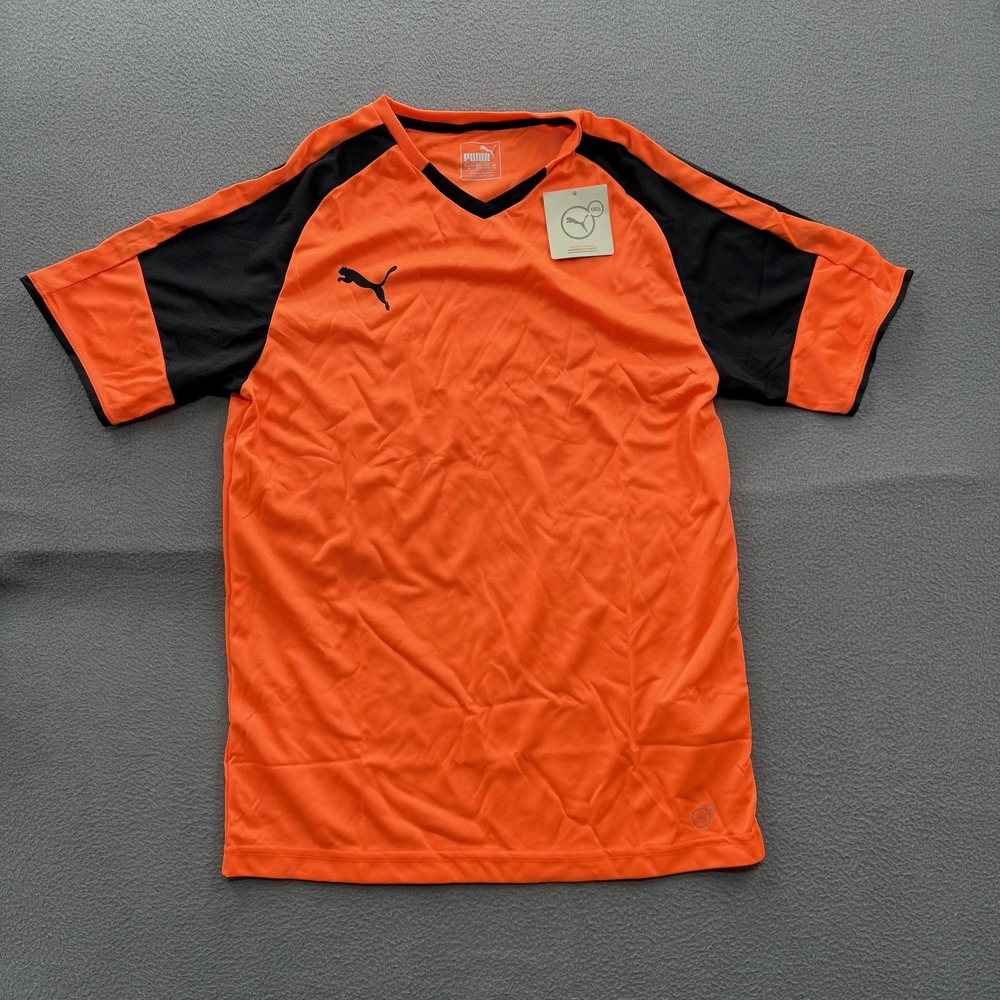 Puma Shirt Mens Medium Orange Black Short Sleeve Dry Cell Soccer Jersey Top